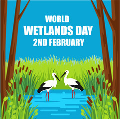 World Wetlands Day Poster: Storks in Natural Marshland Habitat for February 2nd Awareness