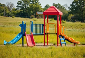 Playground equipment amidst grassy fields, representing active learning and recreation,  children,  play