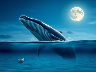 Majestic whale emerges from tranquil water, moonlit sky, lone bird rests,  crescent moon,  wildlife