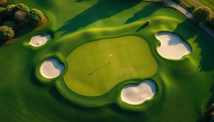Overhead shot of a challenging golf hole with strategically placed sand traps and lush green fairways,  fairway,  challenge