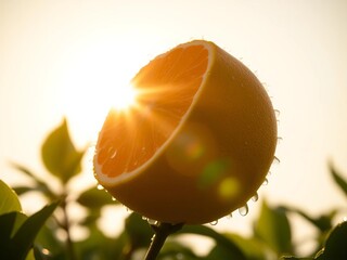 Juicy orb ascends, dew-kissed, against a blinding sky, a burst of pure citrus potential ,  shadow,  graphic