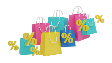 Colorful shopping bags with yellow percentage signs isolated on a transparent background discount