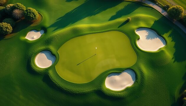 Overhead shot of a challenging golf hole with strategically placed sand traps and lush green fairways,  fairway,  challenge
