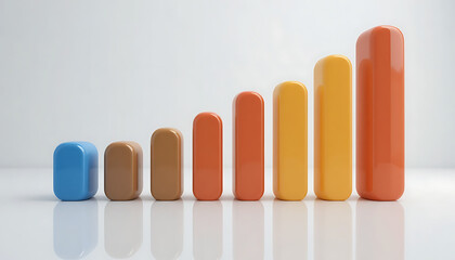 Colorful 3 D bar graph with rounded bars in ascending order on white background