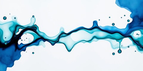 Dark blue and green ink drops swirl in clear water with gray blue watercolor accents ,  white background,  diffusion
