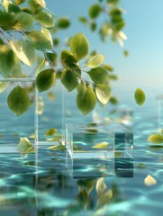 Schwebende gr&uuml;ne Bl&auml;tter &uuml;ber Wasser mit transparenten Glasformen