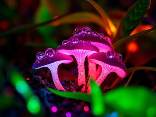 Cyberpunk bioluminescent fungi glow, illuminating dew-kissed cyber-leaves, a macro spectacle of digital nature,  leaves,  cybernetic nature