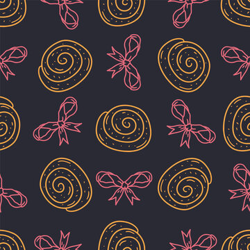 Hygge cinnamon rolls doodle icons seamless pattern. Cozy rustic pastry line art wallpaper
