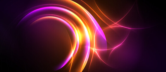 Abstract energy flows, vibrant colors blend. Dynamic curves create luminous patterns, dark background emphasizes bright streaks.