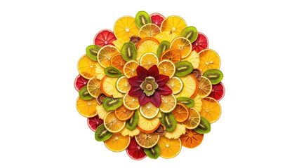 Colorful Fruit Bouquet Arrangement of Kiwi Orange and Pineapple Slices in Circular Pattern With Red Bergamot and Yellow.png