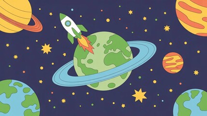 Whimsical illustration of a rocket ship launching into space with planets and stars in the background with cartoon and galaxy and universe and fantasy and cosmos