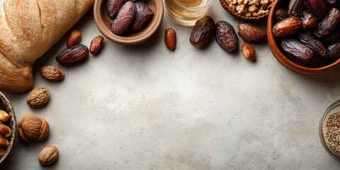 Iftar essential food items arranging on a light background, preparing for breaking fast during ramadan, providing copy space
