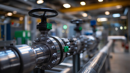 Fototapeta premium Close-up view of industrial valves and pipes, intricate details visible, clean polished environment with soft lighting, facility equipment, with copy space