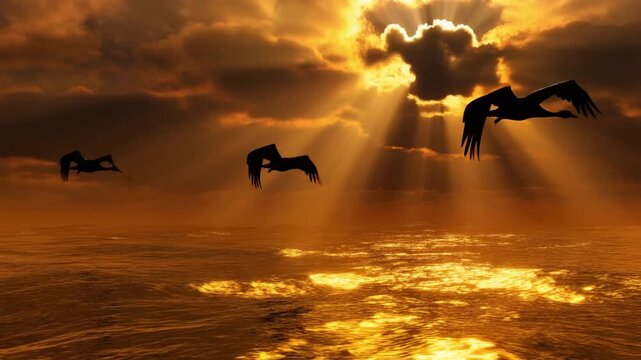 Sunlight streams through clouds casting a warm glow on a serene ocean as three birds soar gracefully overhead, evoking a sense of peace and freedom