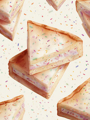 Triangular king cake slices covered in icing and colorful sprinkles arranged in a vibrant seamless pattern