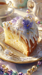 Sweet king cake slice with white coconut icing and edible flowers on plate beside purple and gold mardi gras beads