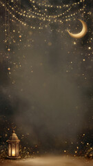 Lantern casting soft glow on sparkling golden bokeh background with crescent moon and stars, creating a spiritual and festive atmosphere