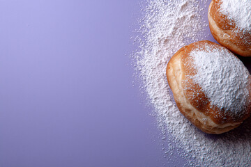 Sweet fried pastries generously covered with white powdered sugar, offering ample copy space on a vibrant purple surface