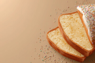 King cake slices demonstrating sweet celebration, topped with white icing and colorful sprinkles on a neutral background