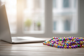 Festive mardi gras beads next to a laptop on a desk, representing virtual celebrations or working during festivities