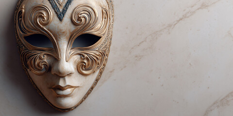 Ornate venetian mask with intricate gold scrollwork resting on a neutral marble background, offering elegant copy space