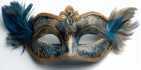 Intricate blue and gold venetian masquerade mask decorated with elegant patterns, sparkling jewels, and dramatic feathers on white background
