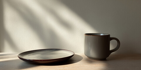 Ceramic mug and plate on a wooden surface, sun rays forming atmospheric shadows on the wall, creating a serene, minimalist scene