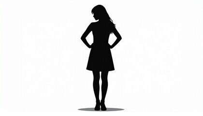 Black silhouette illustration of a fashionable woman in a dress standing with hands on hips and head bowed in thought or disappointment