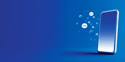 Modern mobile phone on a blue background, showing chat bubbles representing online communication and digital networking
