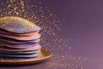 Colorful stack of pancakes on golden plate, glistening with falling gold glitter on purple background. Luxury dessert concept