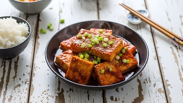 Spicy Korean braised tofu (Dubu Jorim) with steam rising, topped with fresh scallions and sesame seeds. Served with a bowl of rice on a rustic white wooden table.