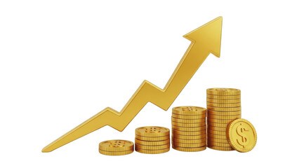 Golden Arrow Graph Rising Above Stacked Coins isolated on a transparent background growth