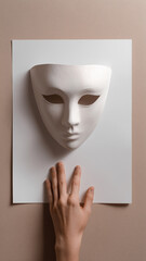 Hand touching blank white mask on paper