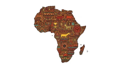 Fotobehang Afrikaanse Motieven Vibrant african continent map with traditional tribal patterns and symbolic animal motifs on white  © Hamza