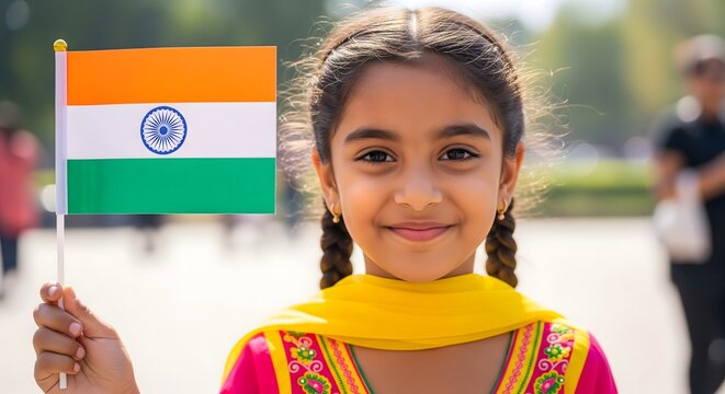 Smiling Indian Girl Holding National Flag  Child Patriotic Portrait