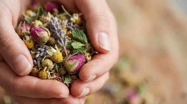 macro close-up of hands holding colorful dried tea flowers and herbs. concept of tea herbs and flowers, and the artisanal care behind selecting tea blends