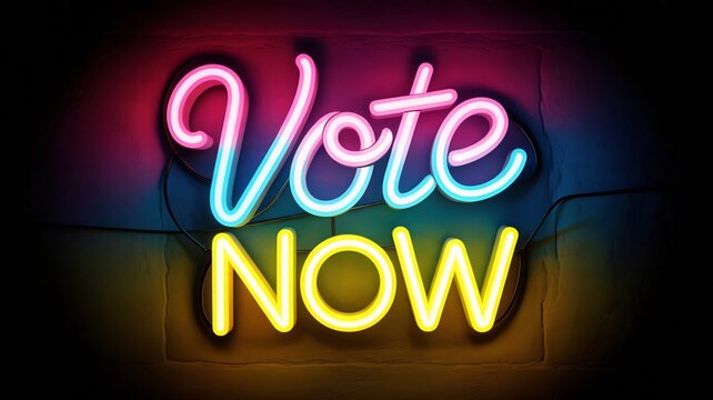 A neon sign displaying the words 'vote now' in colorful pink blue and yellow letters on a brick wall at night with a dark background and vibrant glow with election