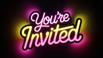 Neon sign reads you're invited in pink and yellow against black background with glowing effect with invitation and event and celebration and marketing and advertising