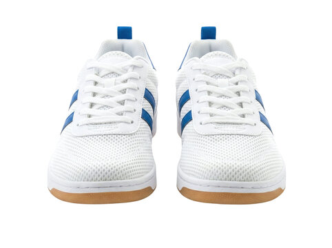 Front view of white and blue athletic sneakers