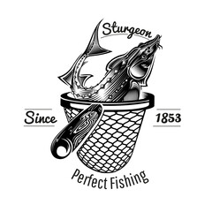 Sturgeon Fish in Landing Net Monochrome Vector Illustration