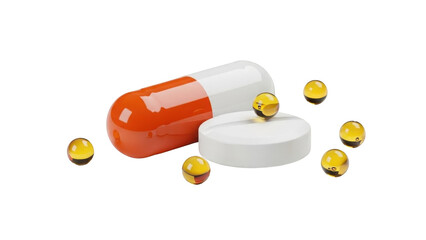 Orange and White Capsule with White Tablet and Yellow Pills isolated on a transparent background