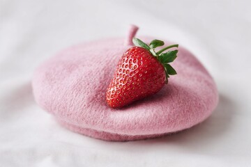 Fresh strawberry resting on soft pink wool beret