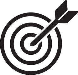 Minimalist black logo icon of a target with dart hitting center, goal achievement concept silhouette vector illustrations