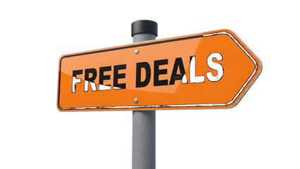 Orange Directional Sign with Black Text FREE DEALS isolated on a transparent background