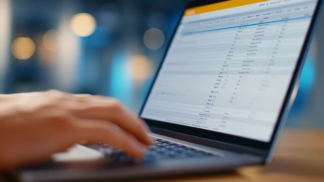 Close-up hands type on laptop keyboard in modern office at night with soft bokeh lights; spreadsheet analytics on screen scroll as fingers move, updating rows and charts for finance reporting.
