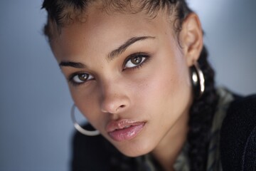 Close-up portrait of confident young woman with braided hair and hoop earrings