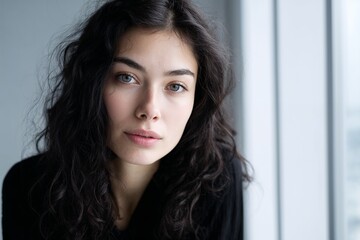 Close-up portrait of young woman with natural light by window
