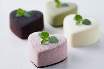 Assorted heart-shaped mousse desserts with fresh garnish