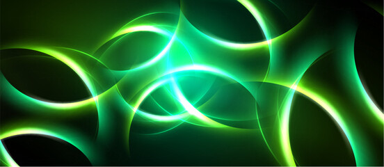 Abstract green energy flows, luminous curves, dark background. Dynamic composition creates vibrant visual impact. Smooth gradients, flowing lines.