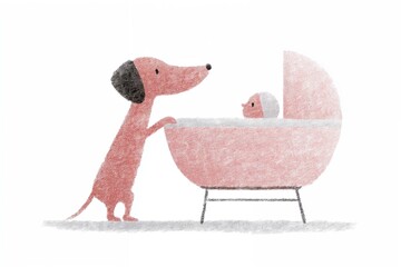 Adorable Illustration of Dog Watching Over Baby in Cradle